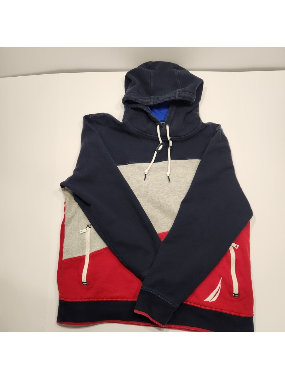Nautica Men's Large L Colorblock Hoodie Navy Red Gray Pullover Sweatshirt